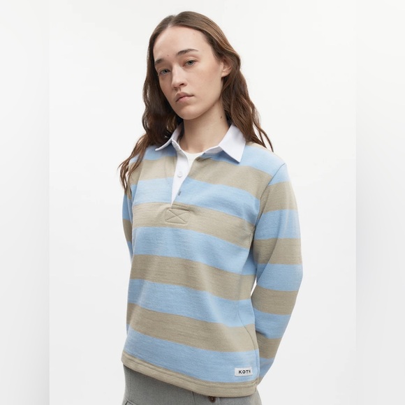 KOTN Tops - KOTN Shrunken Rugby Shirt - Taupe/Powder Cropped Striped Cotton Longsleeve